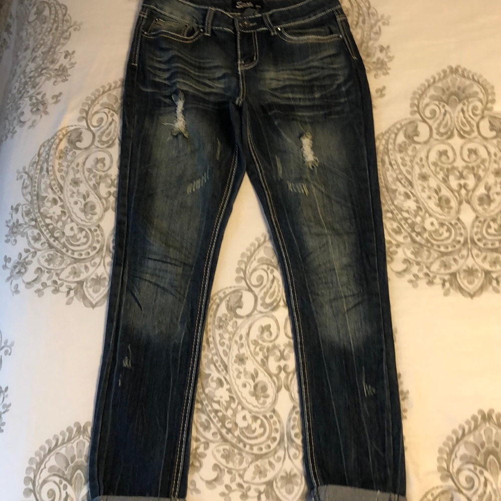 Distressed straight leg jeans